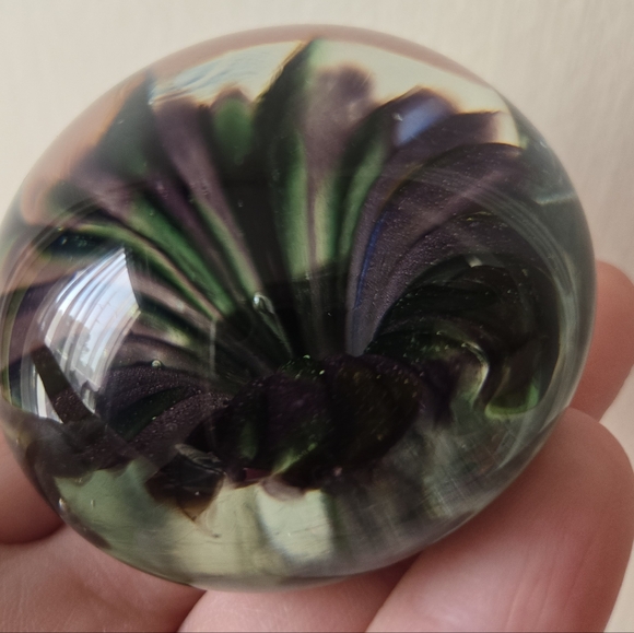 Kelly Glass Paperweight Sphere with Green and Purple "Flower" - Picture 2 of 6